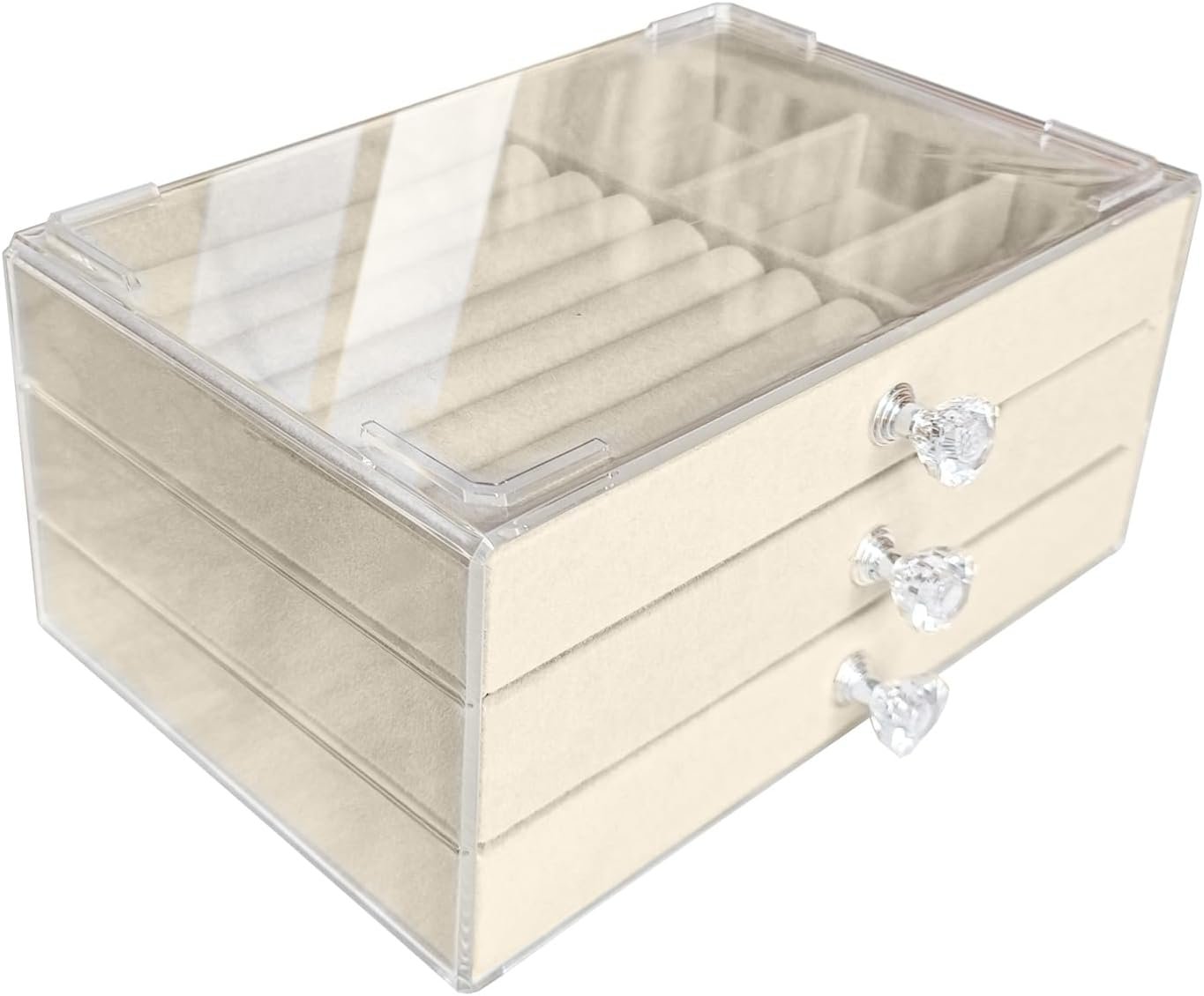 Clear Acrylic Velvet Jewelry Organizer with 3 Drawers, Stackable Display Storage Earrings Necklace Rings Bracelets Box Holder Case for Women, Beige