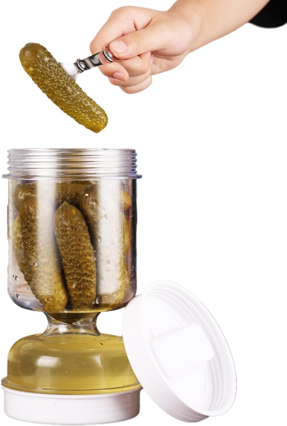 ALMEKAQUZ Glass Pickle Jar with Strainer Flip and Stainless Steel Fork,34oz Container,Hourglass Pickle Juice Separator Jar for Olives,Gherkins Sliced Pickles,Leakproof Airtight Lid,Refrigerator Safe