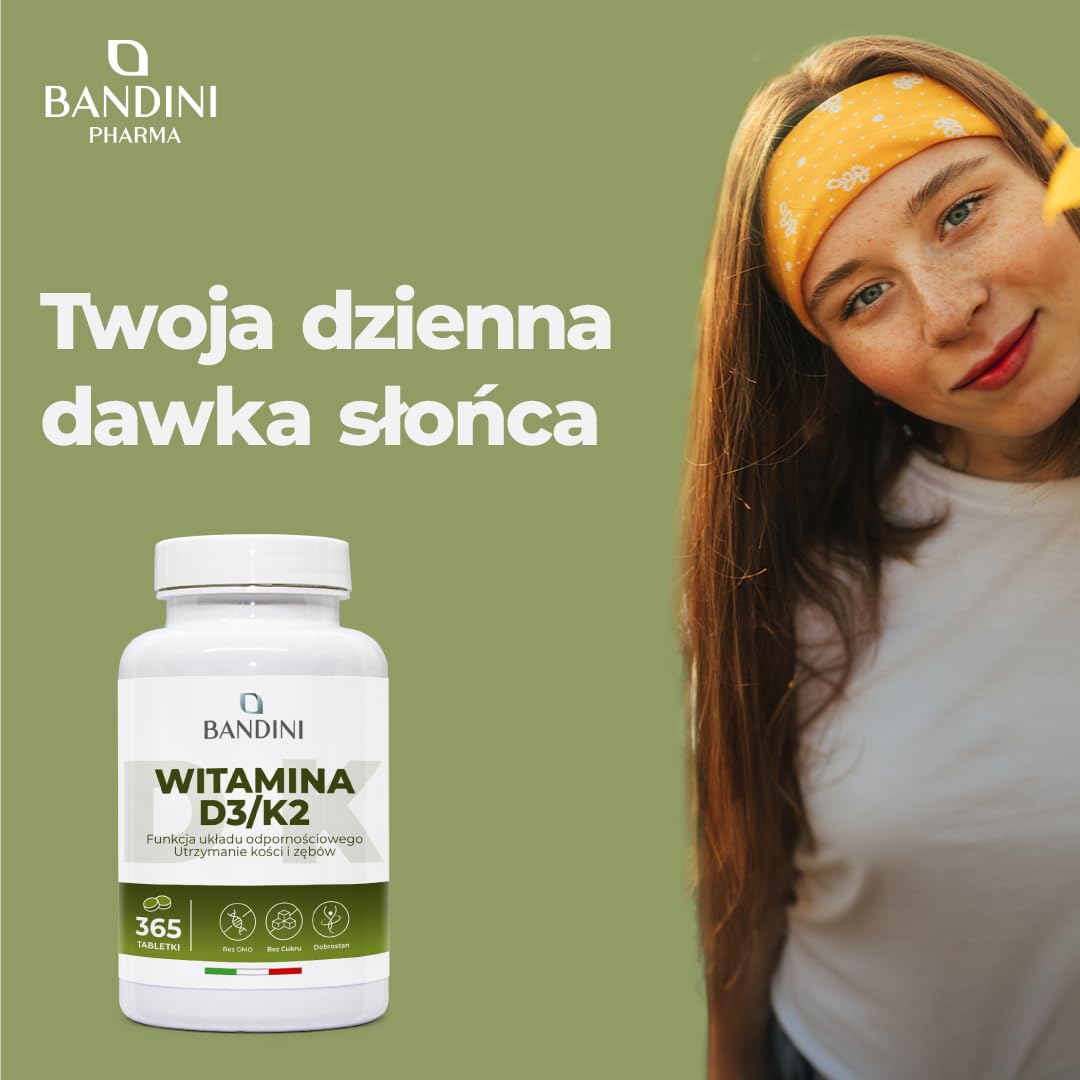 Bandini® Witamina D3 K2 365 Tabletek Witamina D3 (2000 IU) i K2 MK-7 (200 µg) - Wysokie dawki wspierające odporność, kości i mięśnie | Bez GMO i soi | Suplement na 12 miesięcy.