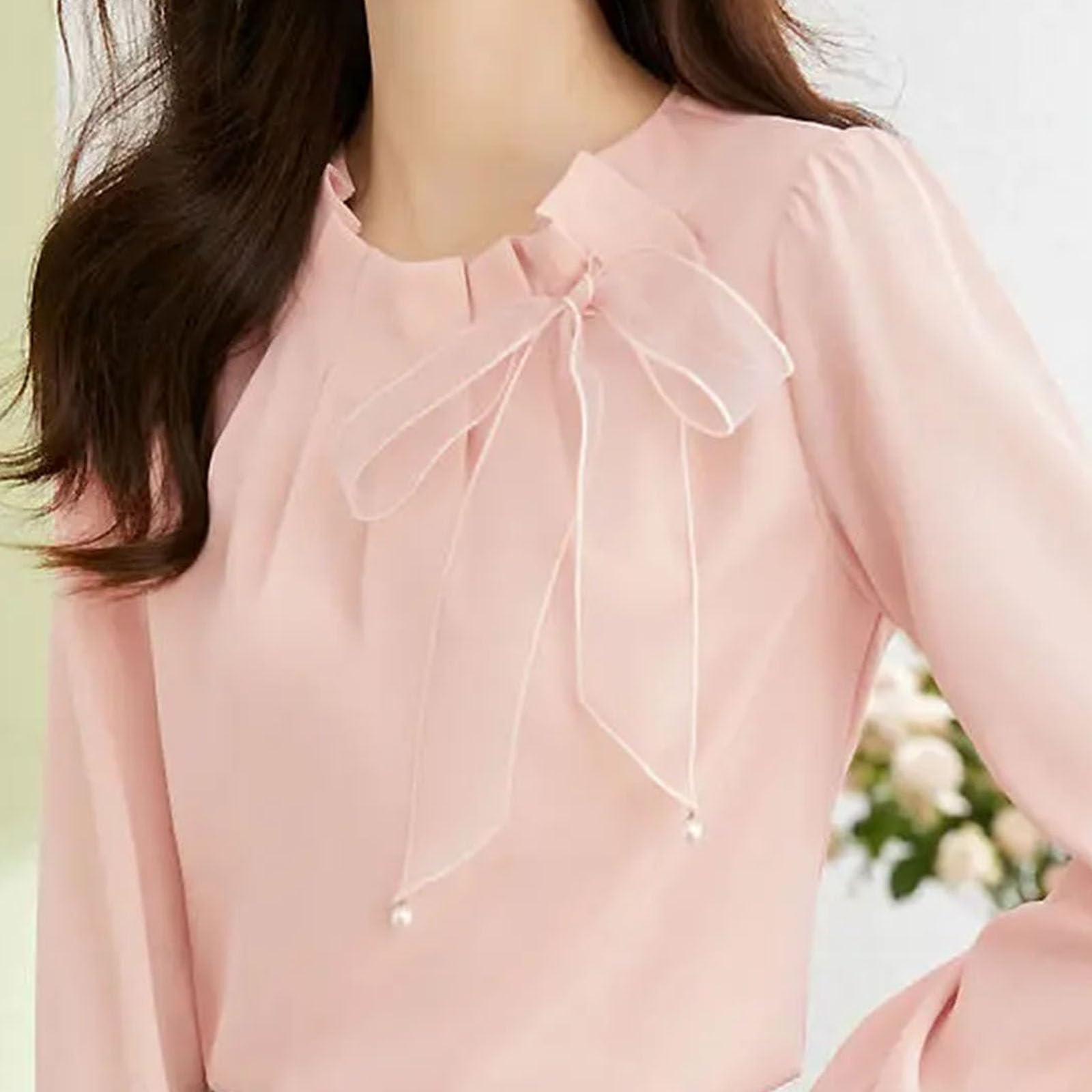 Blusa de gasa plisada con lazo y cuello redondo para mujer, diseño de color sólido, camiseta de manga larga que combina con todo