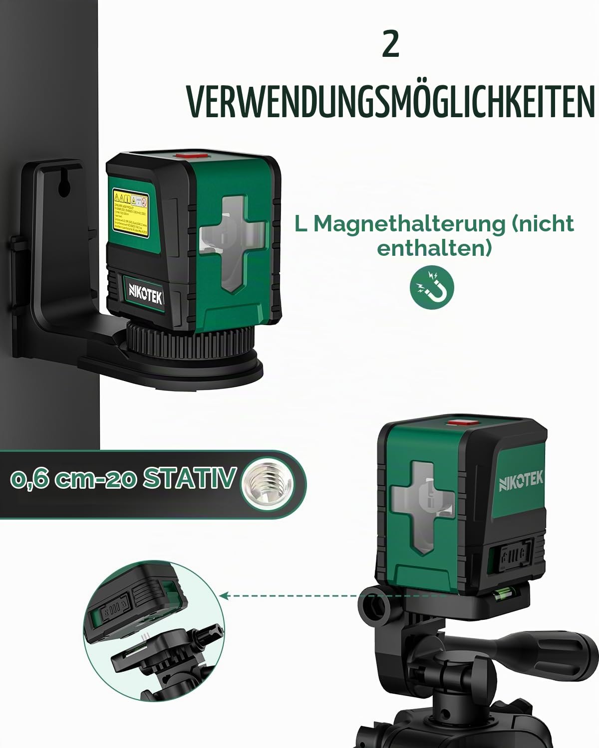 Laser Wasserwaage mit 1,2m-Stativ, Nikotek Selbstnivellierende GrüneKreuzlinienlaser, Horizontale und Vertikale Linienlaser für Bau/Bilderaufhängung/Heimwerken, IP54, 2 AA-Batterien, Tragetasche