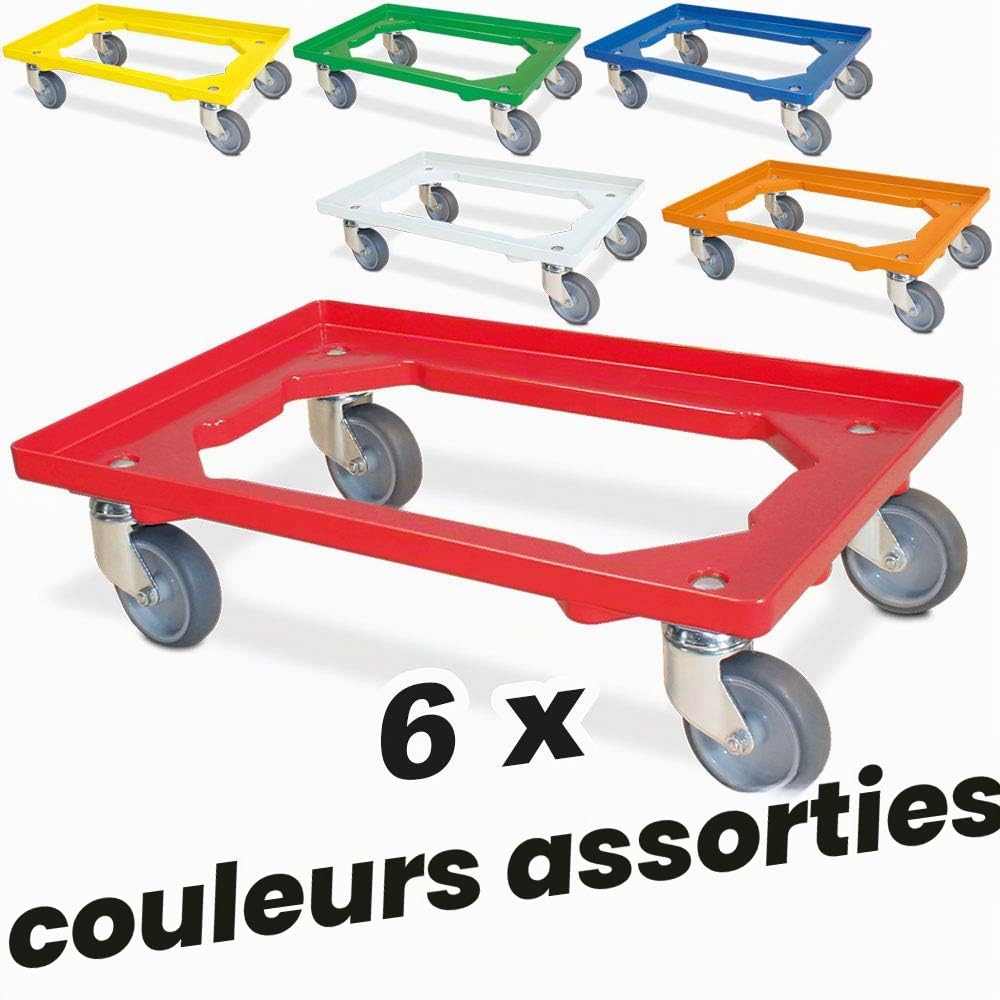 Lot de 6 trottinettes de transport pour conteneurs 600 x 400 mm, capacité de charge 250 kg, coloré