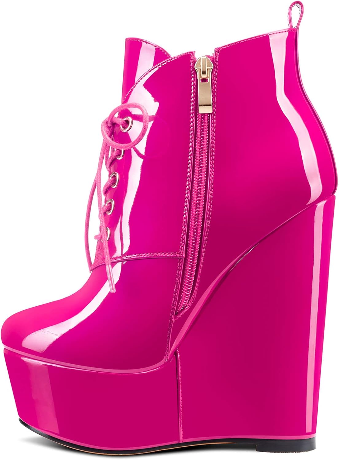 Aachcol Women Platform Ankle Boots Short Bootie Lace-up Close Round Toe Wedge High Heel Dress Shoes Patent 6 Inch