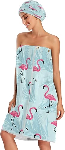 Miniatura 3 de ATTX Toalla de hoja azul flamenco con gorro de pelo seco y diadema para mujer, cómoda envoltura de ducha y baño con cierre ajustable