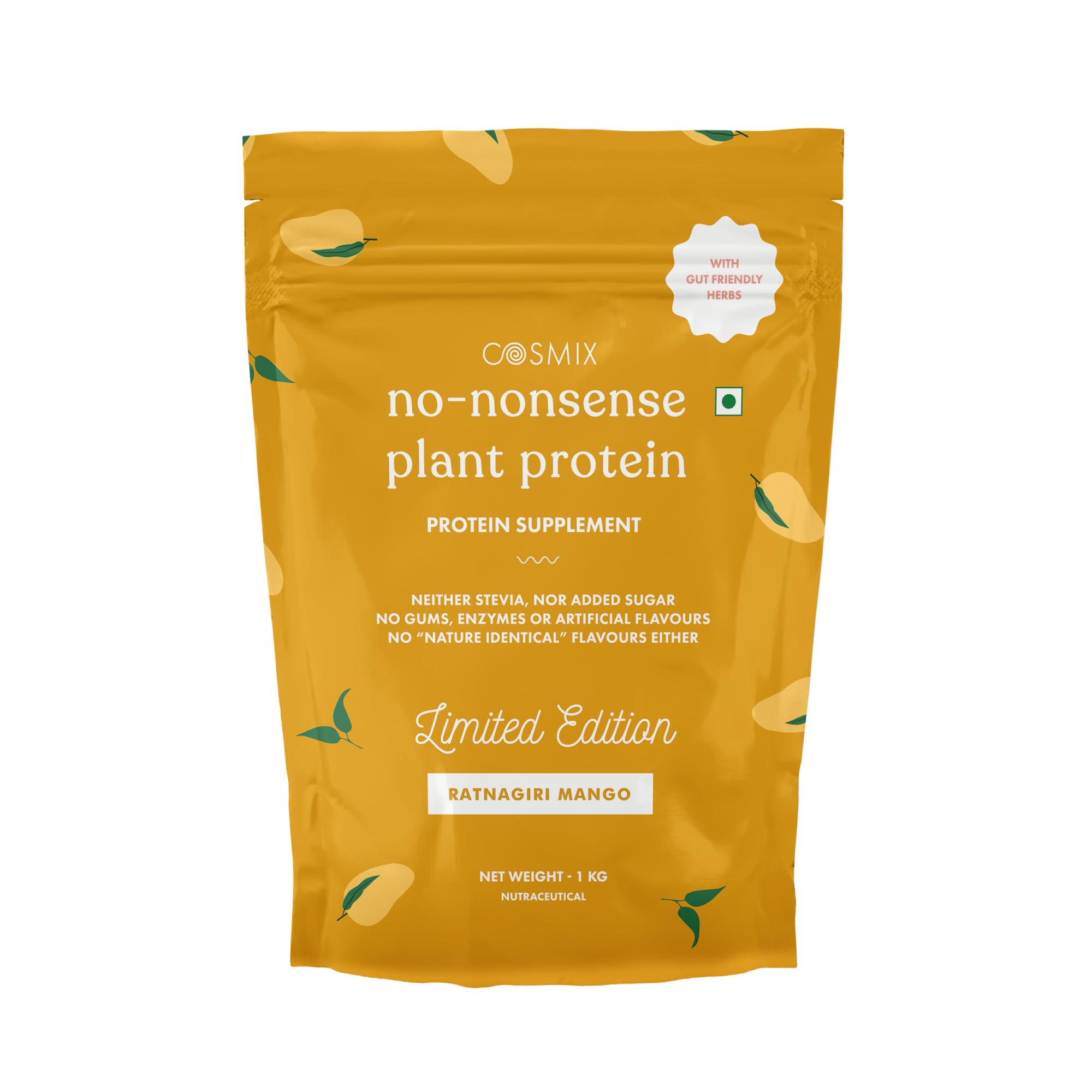 Cosmix No-Nonsense Plant Protein | 23 Protein/Serve, 1Kg Pouch | Ratnagiri Mango | Plant Based Protein, Pea & Rice Isolate | Clean, Easy to Digest | All Essential Amino Acids