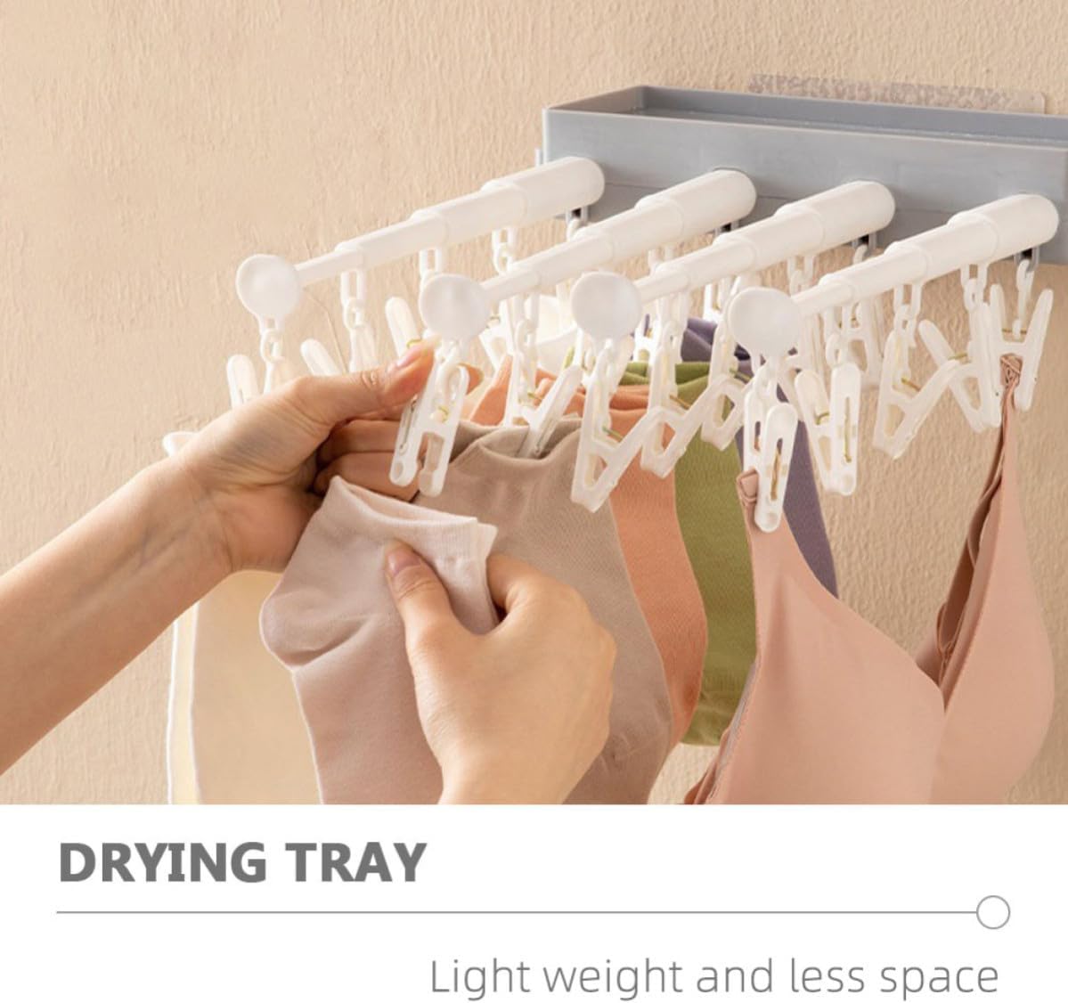 Wall-Mounted Plastic Stretchable Drying Rack with Sock Clips Lightweight and Rust-Proof Clothes Hanger for Travel Use and Business Trips