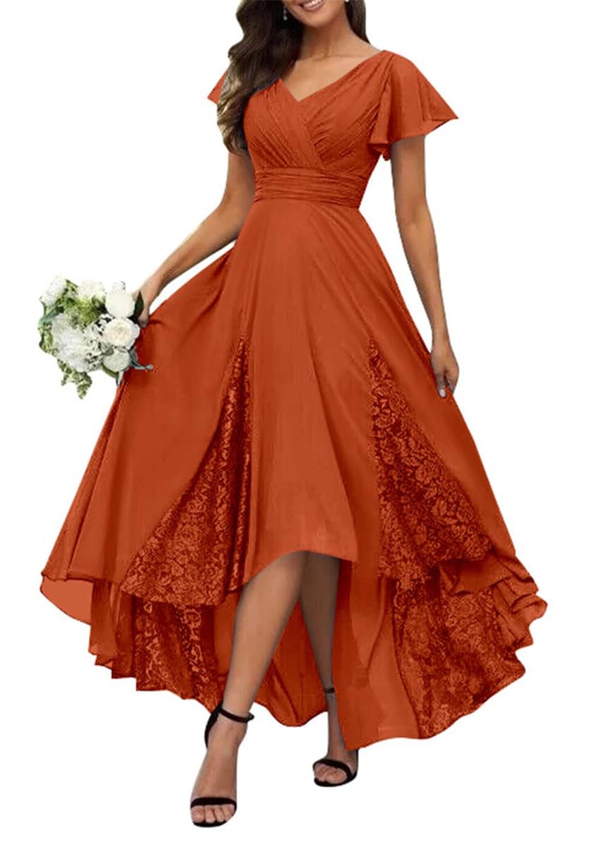 KURFACE Mother of The Bride Dresses for Wedding Tea Length Petite Formal Lace Classy Burnt Orange Bridesmaid Dress UK18