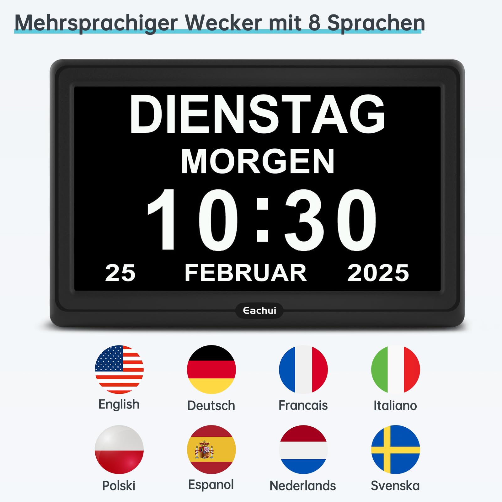 Eachui Digitaler Demenz Uhr Großes Display für Senioren,Plug in(7 Zoll) | Datum Tag der Woche Kalender Uhr 20 Erinnerungen 3 Klingeltöne 10 Stufen Lautstärke, Auto DST