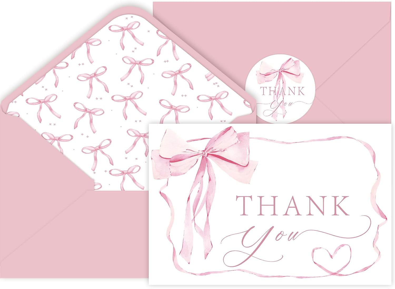 24 Pack Pink Bow Thank You Cards, Bowknot Bridal Shower Greeting Card with Envelopes and Stickers for Birthday Wedding Baby Shower Party Supplies