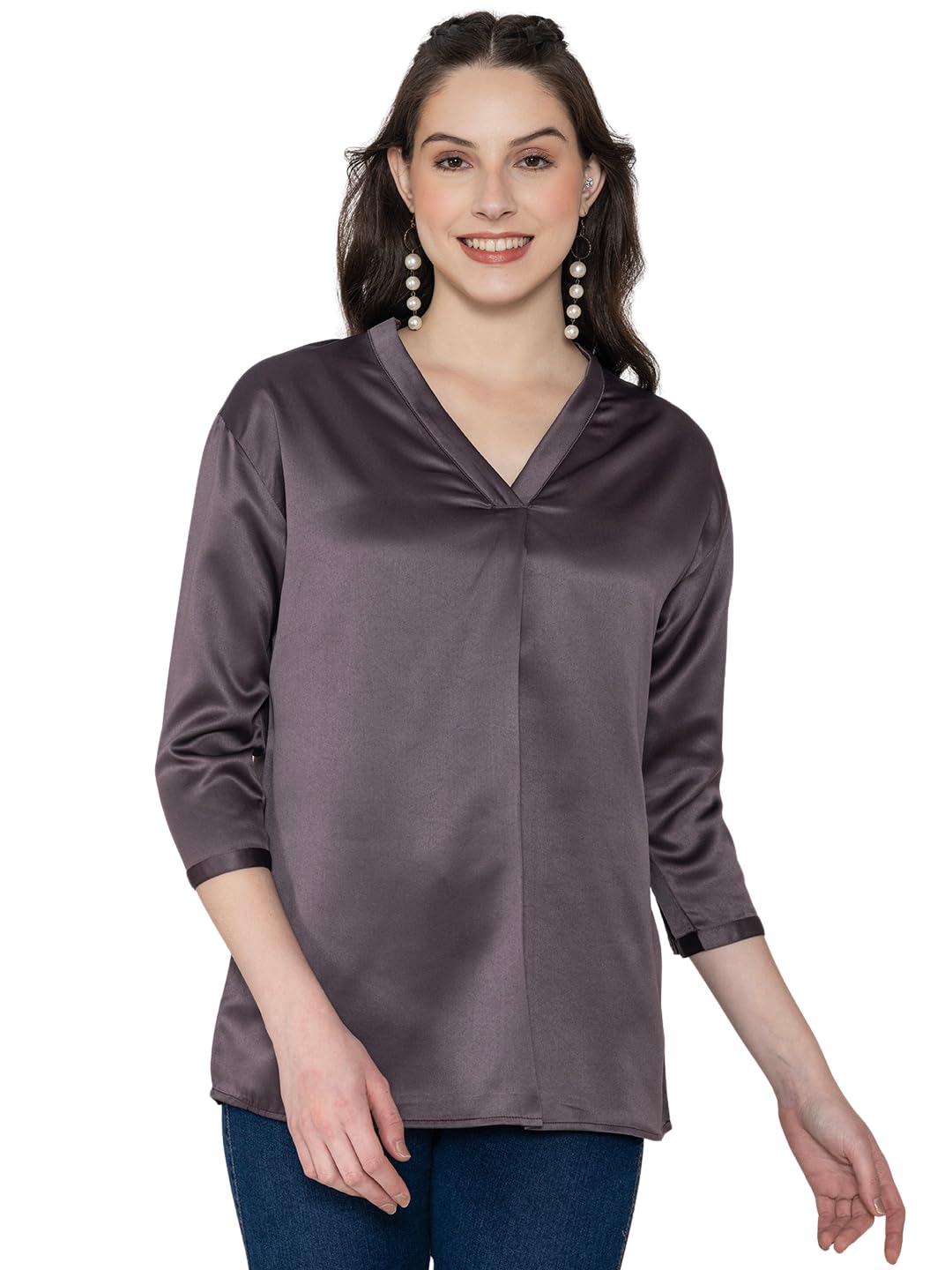 Steel Grey Solid Satin V-Neck Women's Top-image-45