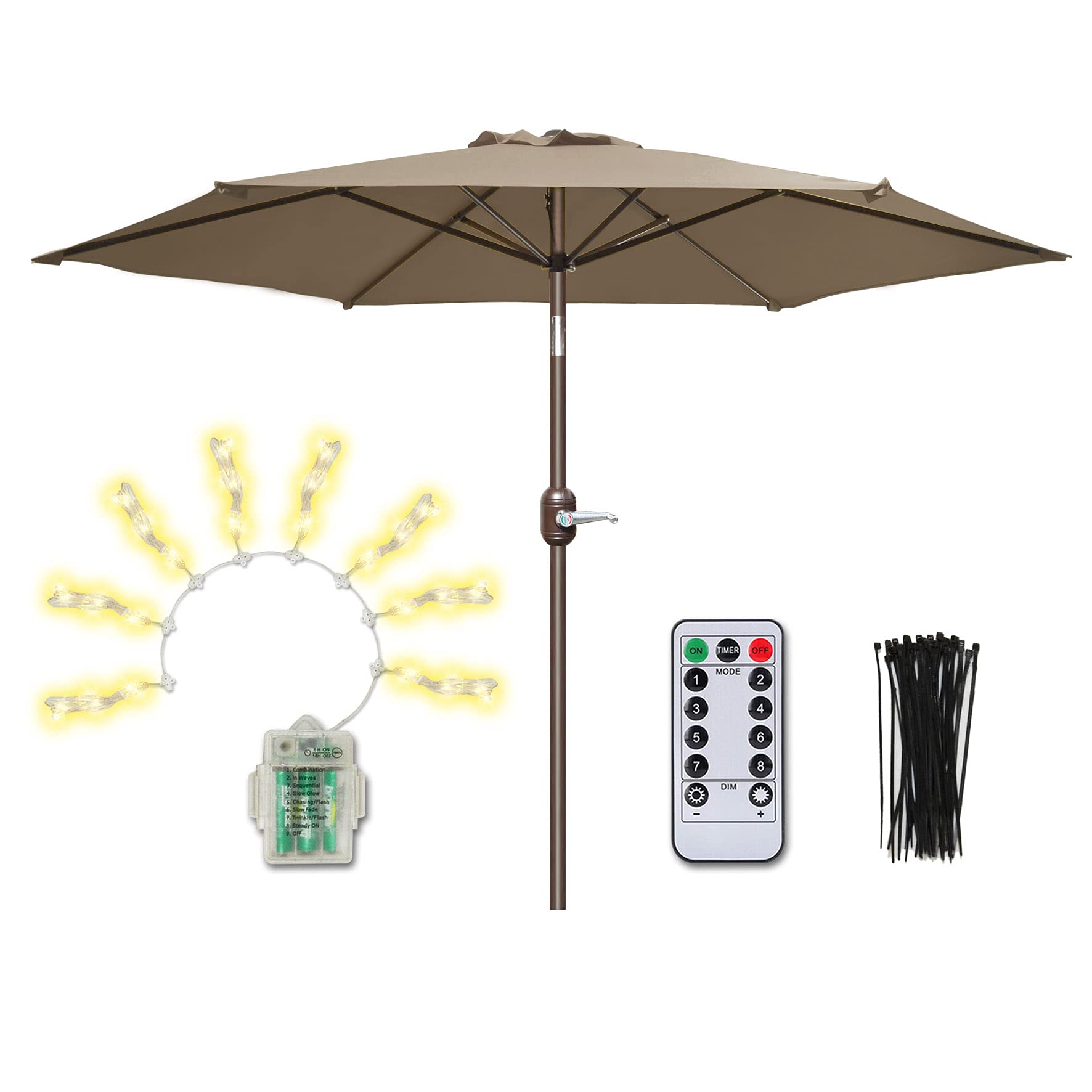 8 ft Patio Umbrella Outdoor Table Umbrella with Push Button Tilt and Crank + Umbrella Lights 8 Lighting Mode 104 LED String Lights with Remote Control Umbrella Lights Battery Operated (Taupe)