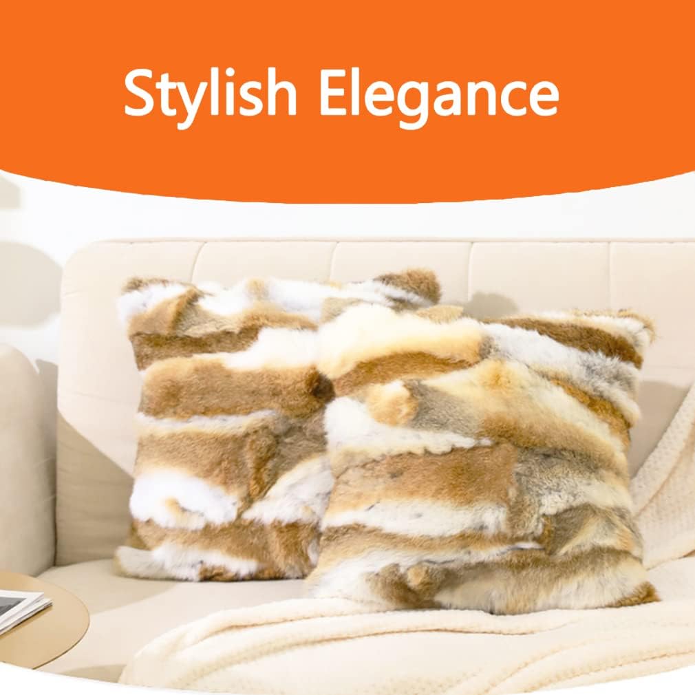 Natural Fur Decorative Throw Pillow Covers Soft Fluffy Animal Skin Accent Cushion Cover for Couch Sofa Farmhouse Pillowcase for Home Decor Brown White Real Rabbit Fur 18x18 - Image 4