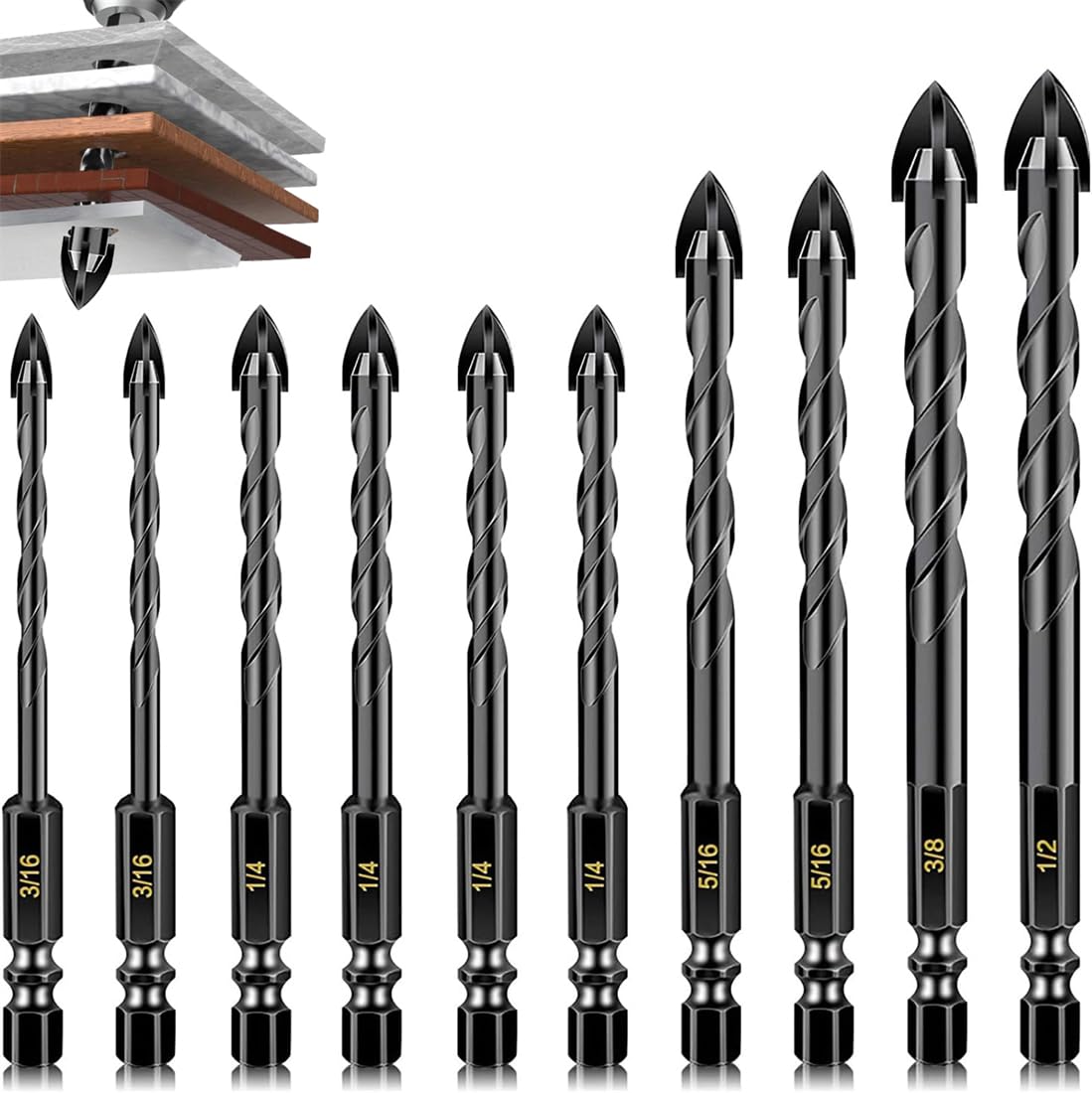 10 Pack Cement Drill Bit Set, Masonry Drill Bits Set, Tungsten Carbide Tip, Professional Concrete Drill Bit Set for Cement, Brick, Tile, Wood, Plastic, Glass and Ceramic Tile, 3/16-1/2 Inch