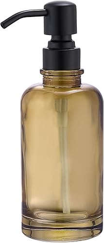 Dispensador de jabón de vidrio ámbar claro con bomba negra, dispensador de jabón líquido de 11 onzas, botella cilíndrica con bomba de acero Botella
