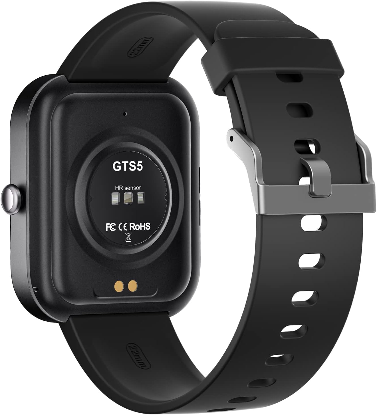 Back of the GTS-5 smartwatch showing the HR sensor and charging contacts