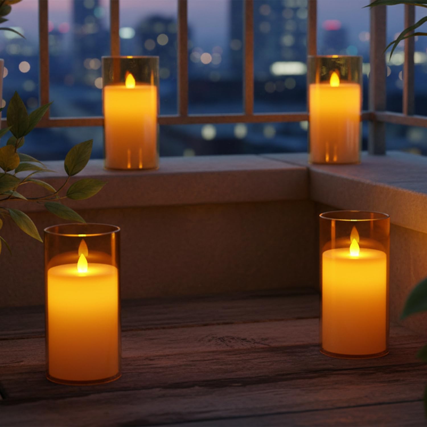 Pack 4 - LED Glass Cup Pillar Candle | Real Wax | Flameless Electric Candles with Flickering Faux Wick | Amber Color Glass | Battery Powered with Remote Controller for Home Decor (H-6" x D-3") 1