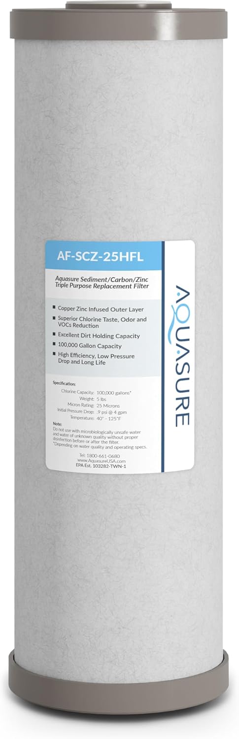 Aquasure Fortitude V2 Series AF-SPX-25HFS Sediment/Carbon/Siliphos Anti-Rust Media, Bacteria & Scale Inhibitor, Triple Purpose Whole House Replacement Filter Cartridge For AS-FS-25SPX, Standard Size