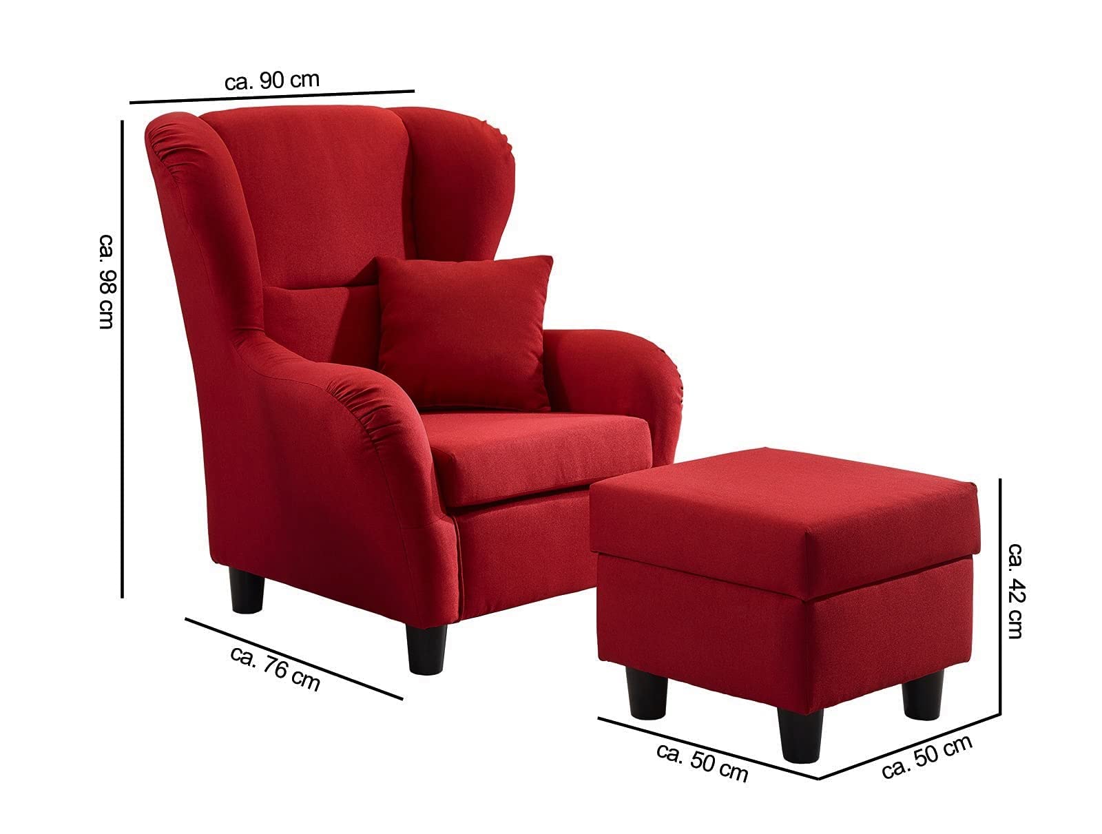 luma-Home 18002/ Ohrensessel mit Hocker im Landhaus-Stil, Rot