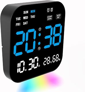 Large Digital Wall Clock with Date,Timer, Dimmer, Temperature,Humidity, Auto DST,Decor for Living Room, Bedroom, Office, Gym, Garage (Blue) 8803