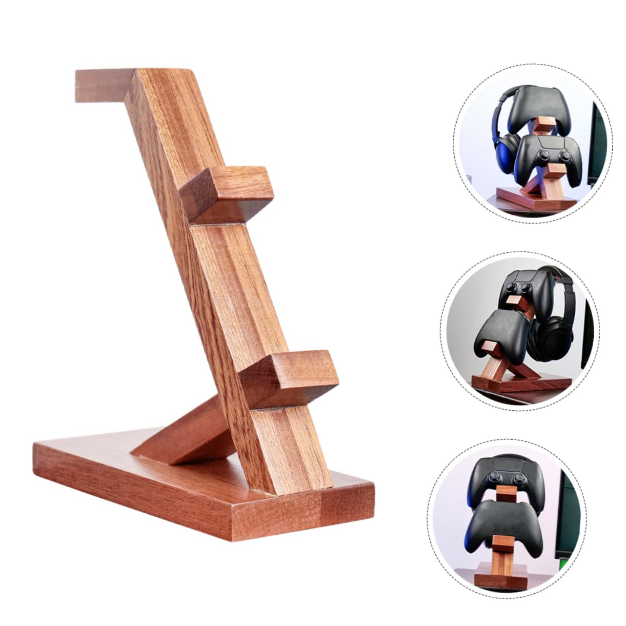 POPETPOP Supporto Design Semplice per Controller e Cuffie in Legno Marrone Organizer da Tavolo per Accessori Gaming per Area Intrattenimento