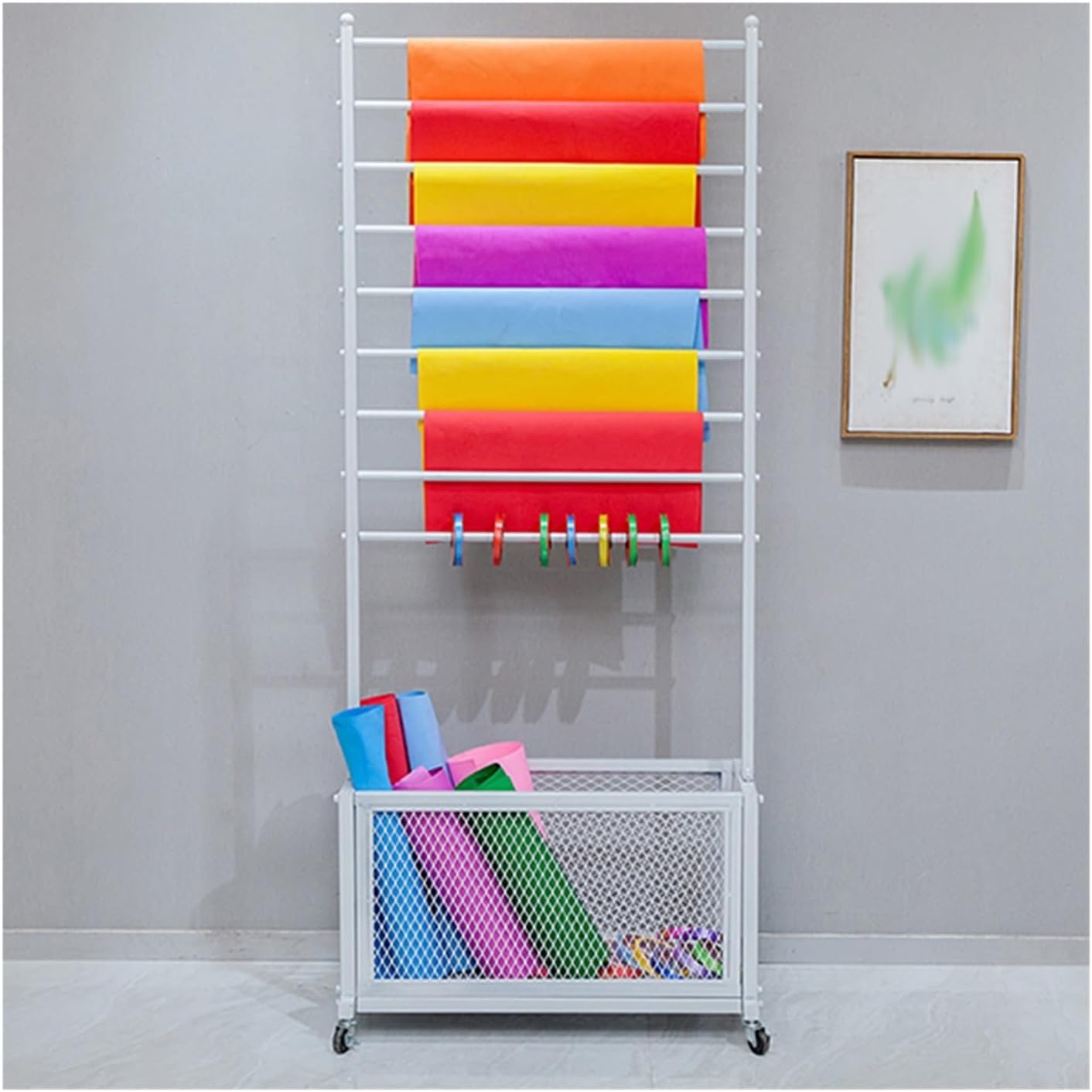 Wrapping Paper Storage Rack, Ribbon Organizer with Storage Basket, Wrapping Paper Roll Storage with Removable Rod for Flower Shop Craft Room,Black 70X35X170Cm,White-70x35x170cm