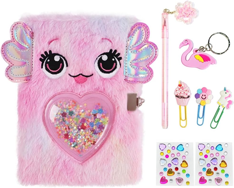 Diary for Girls with Lock and Keys,Fuzzy Journal for Girls,Cute Notebooks with Lock for Kids to Writing and Drawing,Pink Pen,Multicolored Stickers,Birthday Gift Set (Tie-Dye Axolotl Diary)