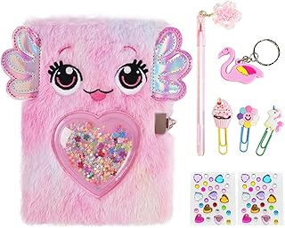 Diary for Girls with Lock and Keys,Fuzzy Journal for Girls,Cute Notebooks with Lock for Kids to Writing and Drawing,Pink Pen,Multicolored Stickers,Birthday Gift Set (Tie-Dye Axolotl Diary)