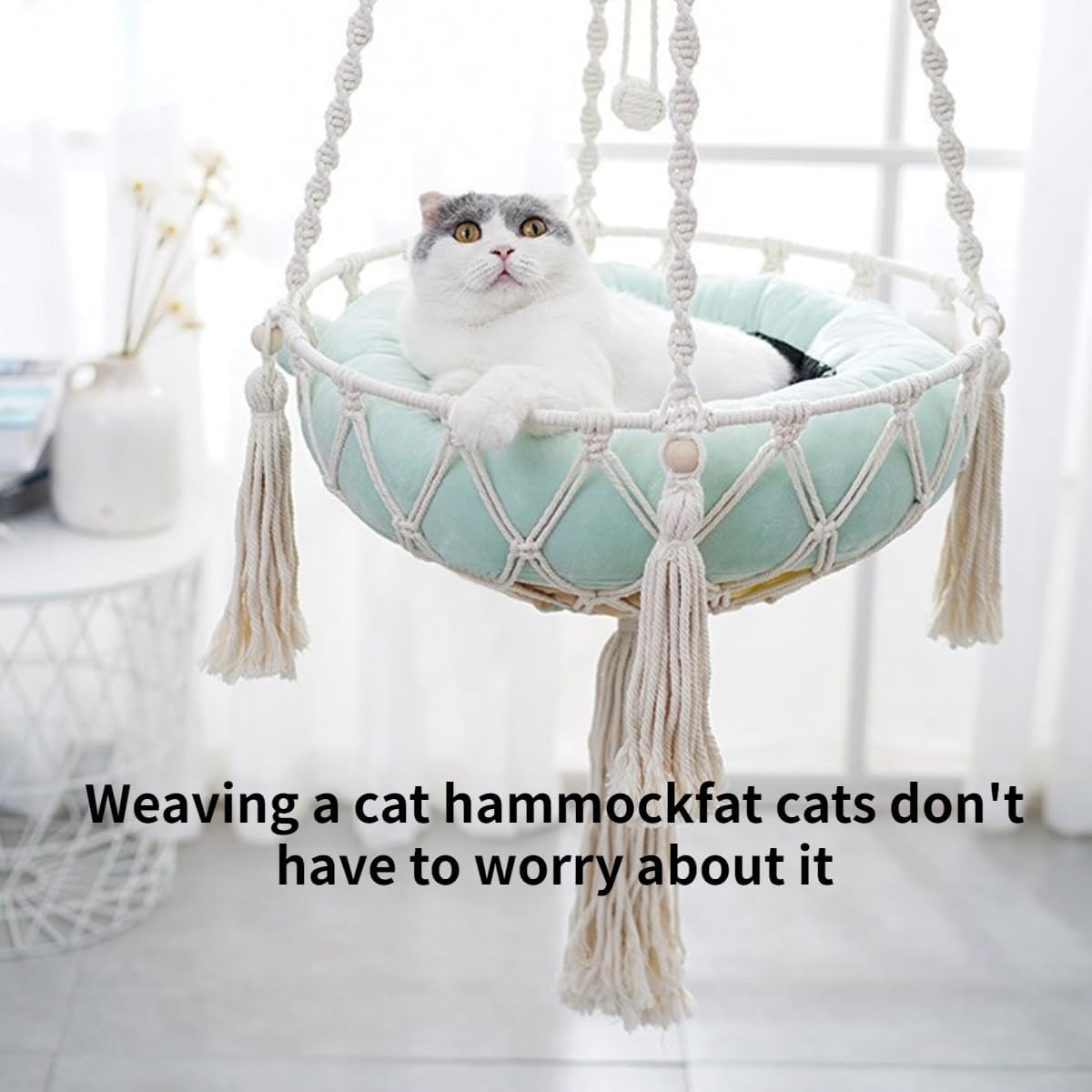 review Cat Hammock, Handwoven Hanging Boho Cat Bed with Hanging Kit for Indoor Outdoor Home Decor Hang Cat Swing Beds with Cushion