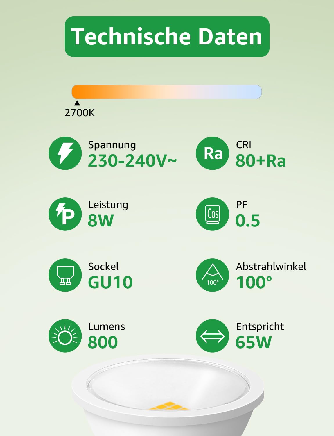 Lepro GU10 LED Warmweiss 8W Lampe, 800 lm, 2700K Warmweiß, Nicht dimmbar – Ansicht 3