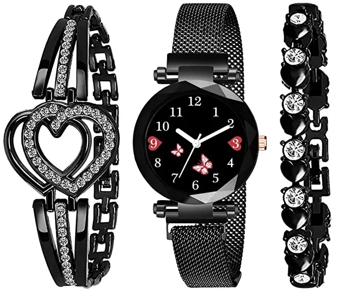 just like Set of 3 Analogue Black Dial Magnet Watch with Gift Bracelet for Women Or Girls (Black) (B0BV71K1J4) Amazon Price History, Amazon Price Tracker