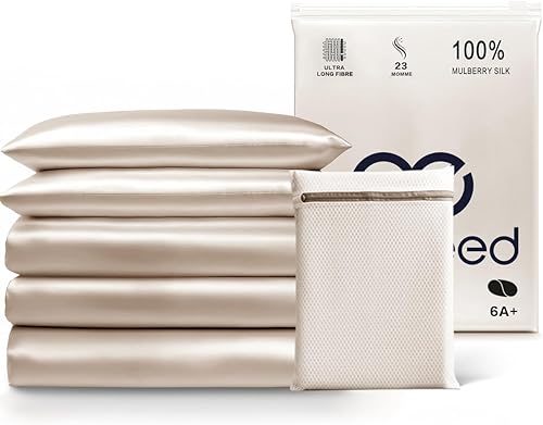 PROMEED Funda de edredón 100% seda de morera, tamaño Queen, grado real 6A+ 23 Momme, funda de edredón con cremallera y lazo en las esquinas Champán