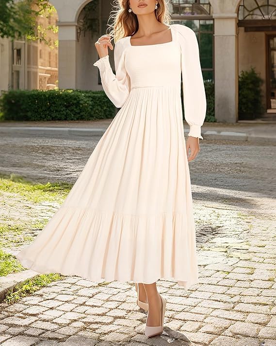 Holipick Women's Boho Square Neck Smocked Long Puff Sleeve A Line Flowy Casual Maxi Dress - Image 4