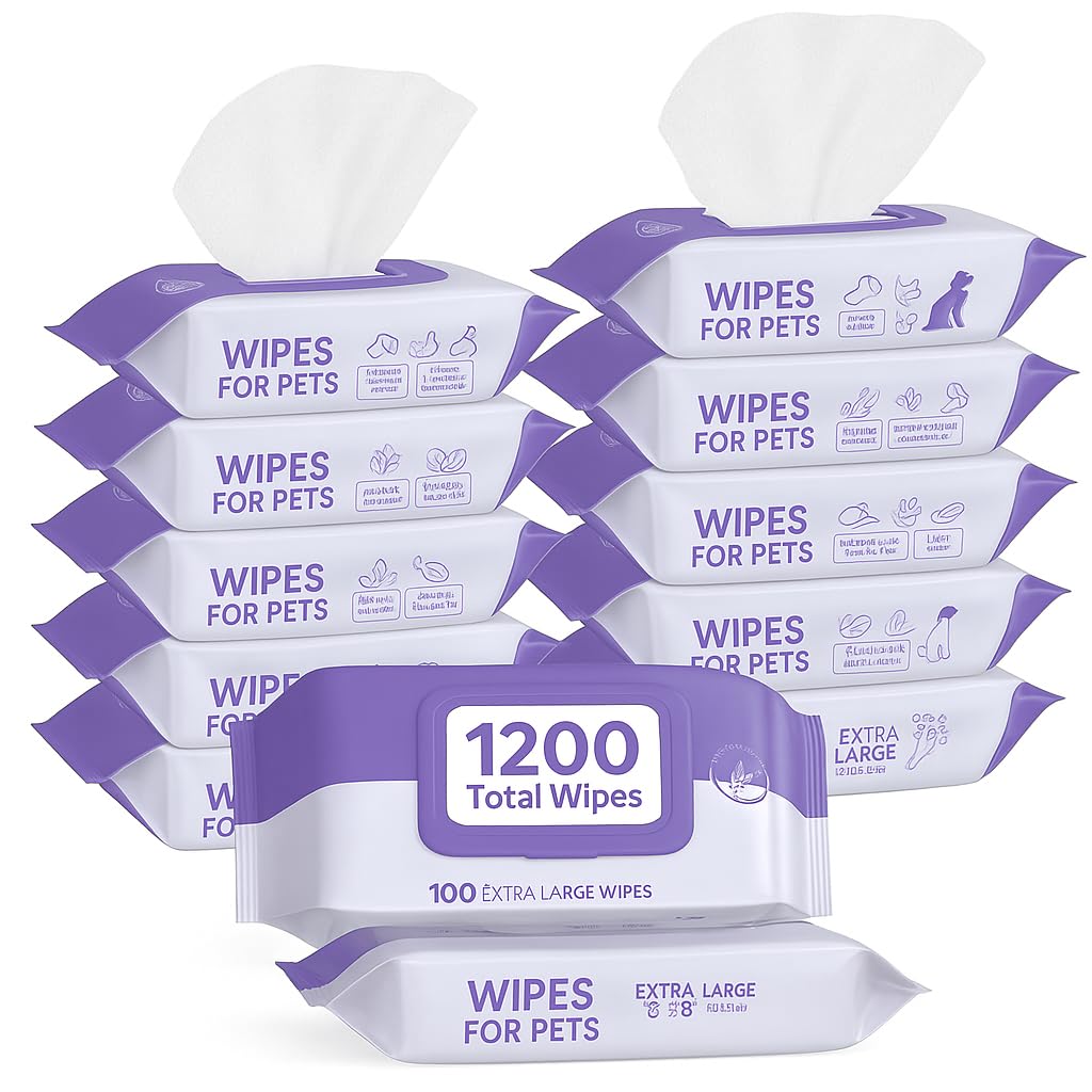 Pursonic Lavender Scented Pet Wipes - 12Packs of 100Ct(1200 Total) Cat and Dog Wipes for Gentle Cleaning & Deodorizing - Extra Large 8