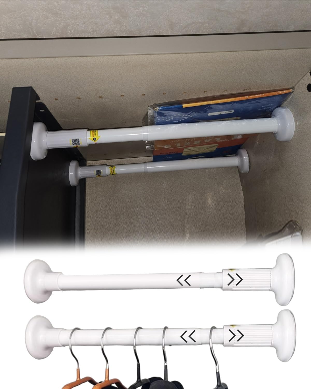 Closet Rod 2 Pack Heavy Duty Closet Rod Adjustable No Drill, White Hanging Clothes Wardrobe Rail Support, Expandable(100-170cm)