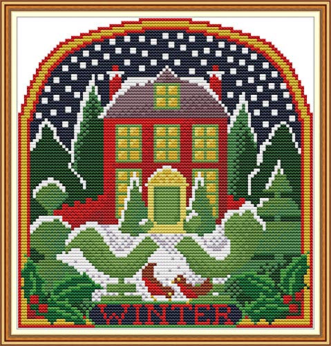 Yeesam Art Cross Stitch Kits Stamped For Adults Beginner Kids, Winter Cottage With Four Seasons Landscape 11Ct 32×33Cm Diy Embroidery Needlework Kit Preprinted Patterns Needlepoint Christmas #TOP6