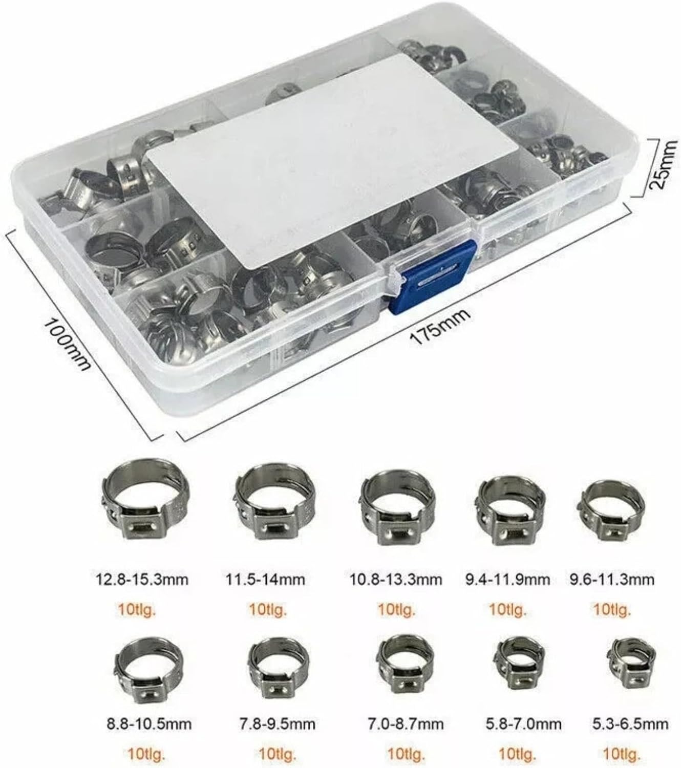 100pcs Stainless Steel Single Ear Hose Clamps Set (5.3-15.3mm) - Durable Fuel Pipe Clips for Home Appliances and Fuel Lines