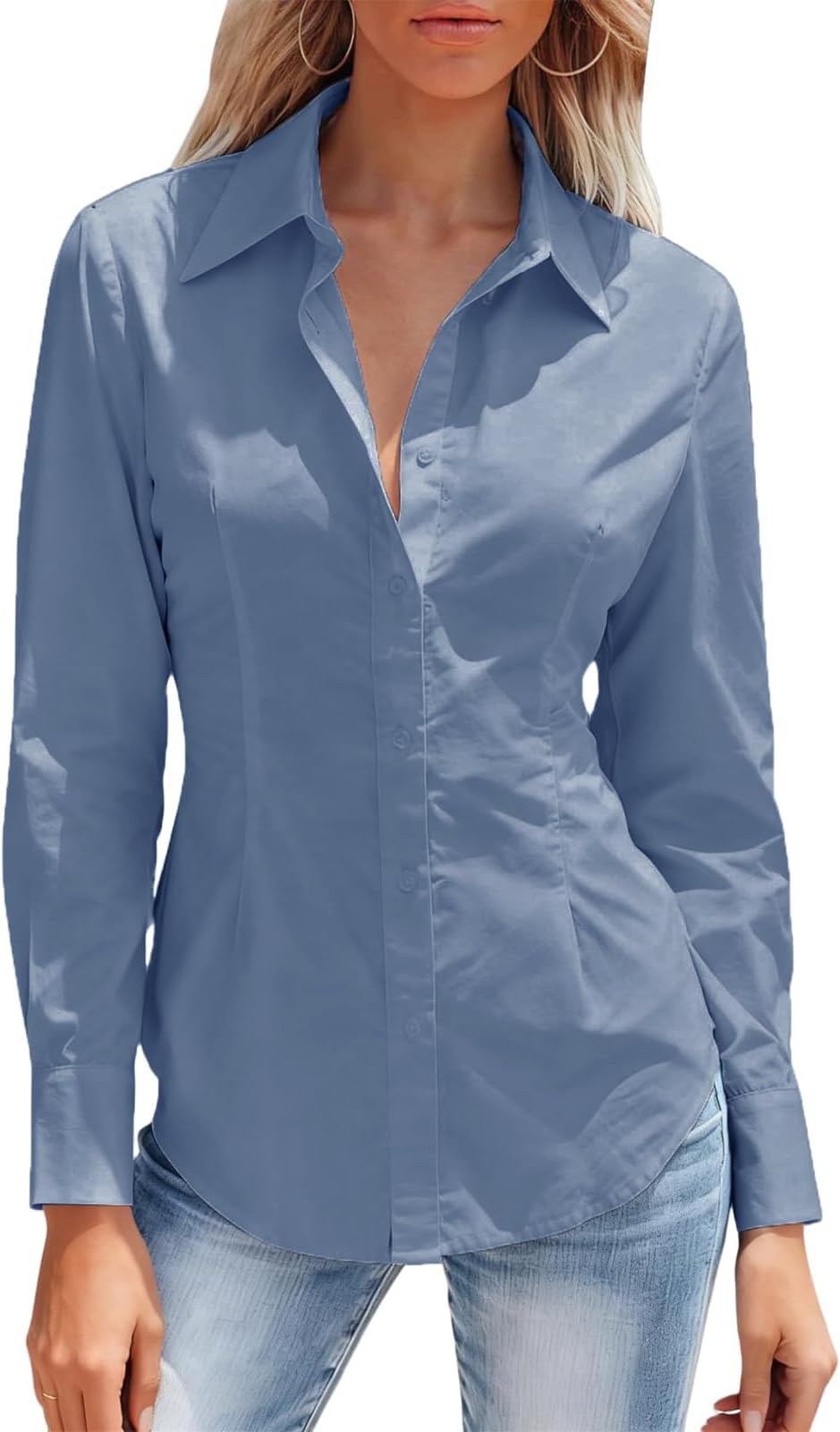 Button Down Shirts for Women Long Sleeve Dress Shirts Wrinkle Free Collared Work Office Solid Blouses Corset Tops