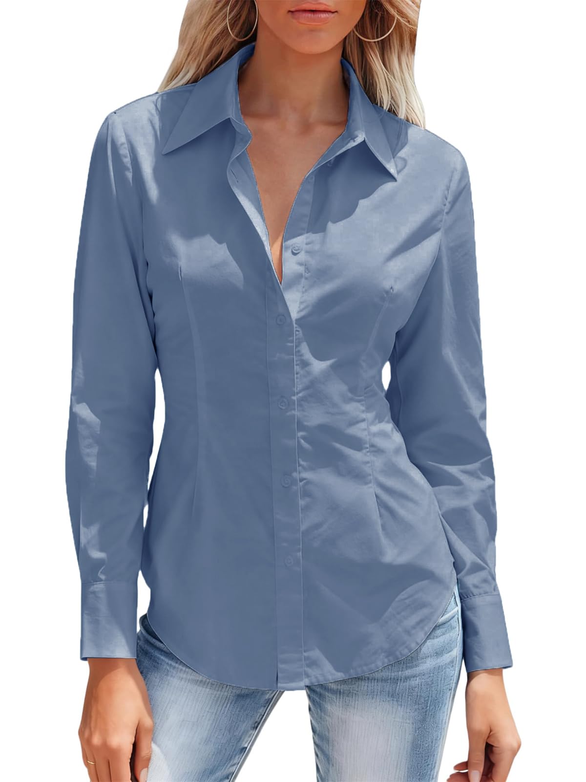 Button Down Shirts for Women Long Sleeve Dress Shirts Wrinkle Free Collared Work Office Solid Blouses Corset Tops
