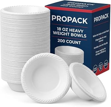 Disposable Plastic Bowls 18 oz, Heavy Duty White, 200 Count | Microwave safe for soup, salad, cereal, pasta & desserts; rigid construction resists cracking at parties, picnics & BBQs