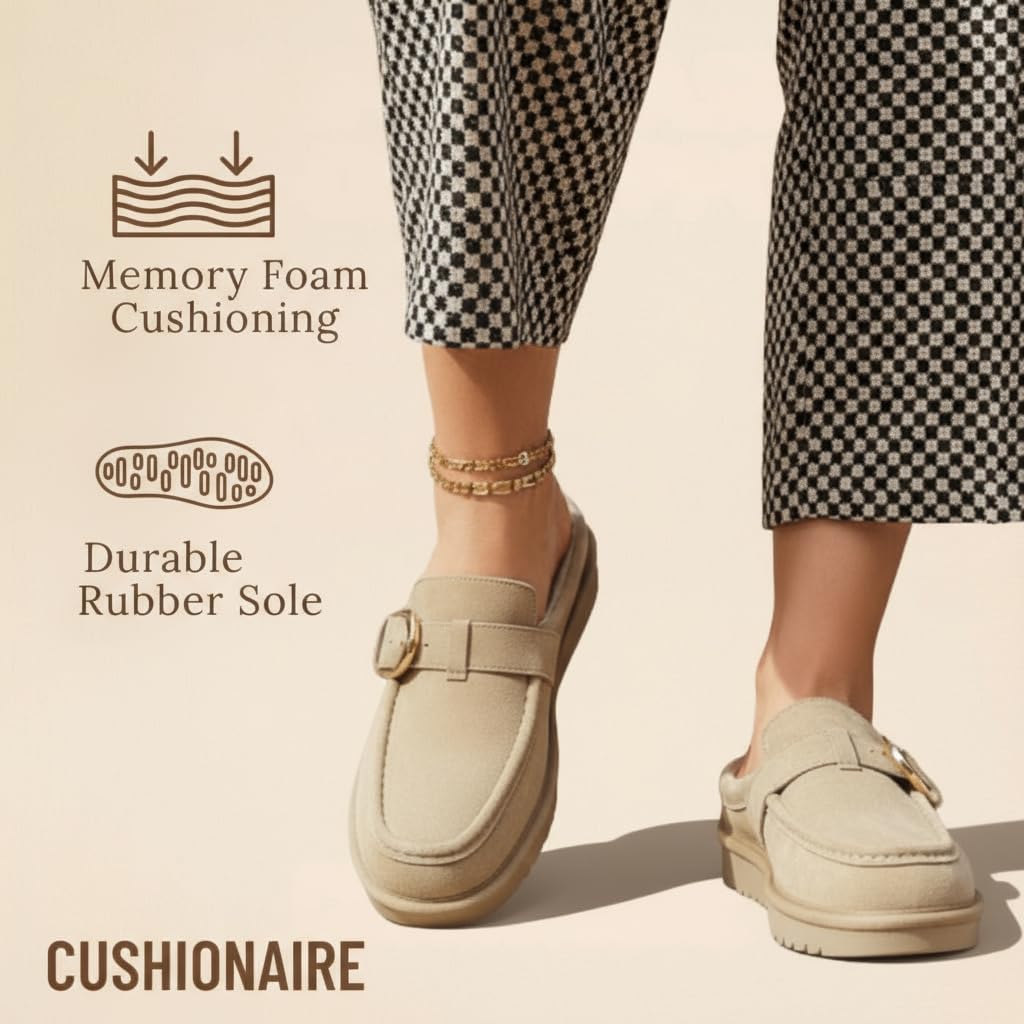 CUSHIONAIRE Origin Genuine Suede Mule Clogs for Women, Cozy Slip-On Moc Toe Loafer with Buckle and Faux Fur Cushioned Footbed - Image 7