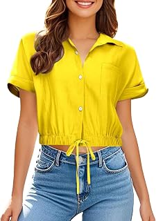 Camiseta corta para mujer de manga corta con botones y bolsillos para vacaciones en la playa, color negro, amarillo, M