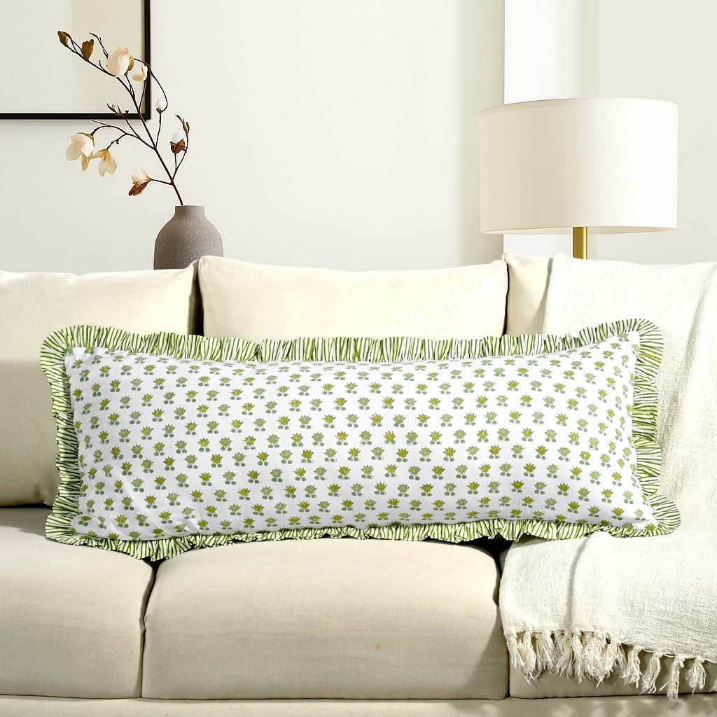 CPC Lotus Meadow Hand Block Print 100% Cotton Ruffle Throw Pillow Cover 14x36 inch with Hidden Zipper Decorative for Couch, Bed, Sofa, Farmhouse, Cottagecore Decor Gift Christmas Fall Thanksgiving