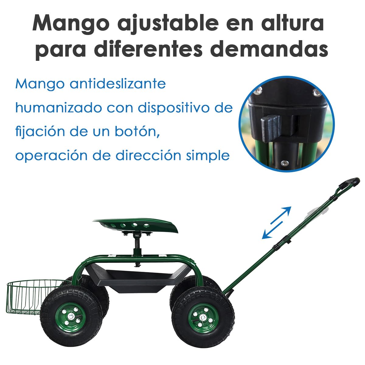 COSTWAY Asiento de Jardín con Ruedas y Asa Extensible, Taburete Móvil de Trabajo de Jardinería con Cesta, Asiento Ajustable, 2 Bandejas de Herramientas (96,5 x 48,5 x 45,5-54,5 cm)