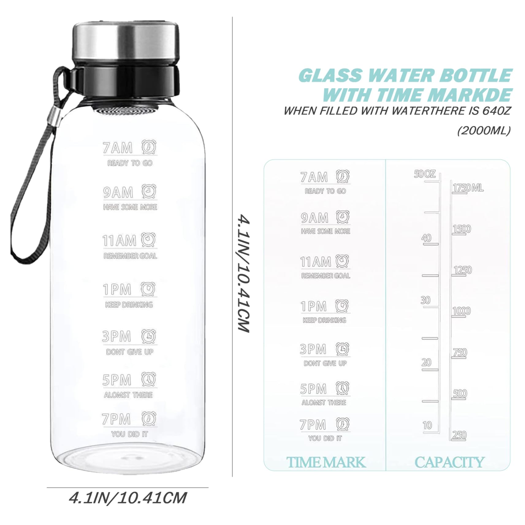 Botella de agua con marcador de tiempo Botellas de agua de vidrio transparente a prueba de fugas de 2 litros con cordón, funda y filtro extraíble, apta para lavavajillas para el hogar, la oficin