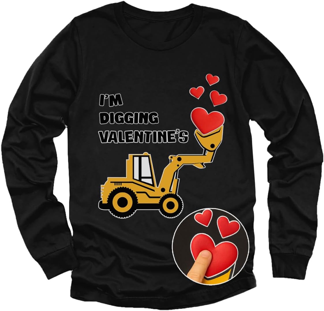 Tstars Kids Tractor and Digger Poppin Valentine's Day Shirt - Funny Heart Dab Long Sleeve Tee for Toddlers Boys and Girls