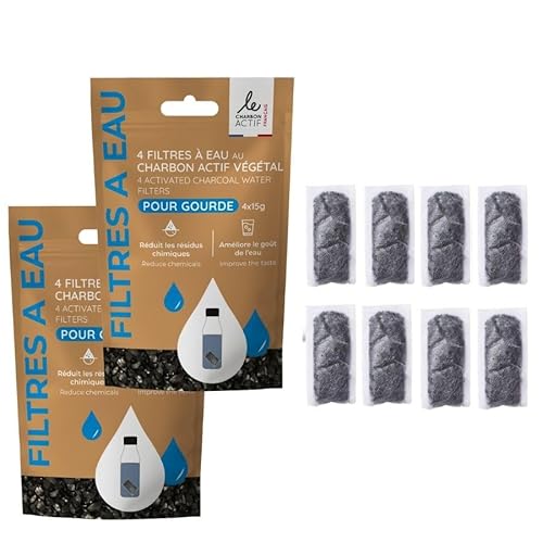 Le Charbon Actif Français Lot de filtres à eau Charbon actif végétal français Granules super activées - En 20 MINUTES seulement - Naturel pour carafe, bouteille, gourde - Filtre l'eau courante (8)
