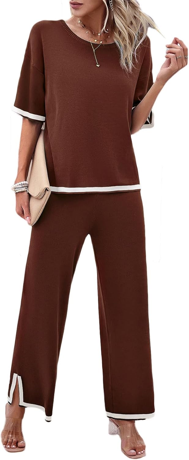 Womens 2 Piece Outfits Summer Sweater Sets Short Sleeve Knit Pullover Tops Wide Leg Pants Lounge Sets Tracksuits