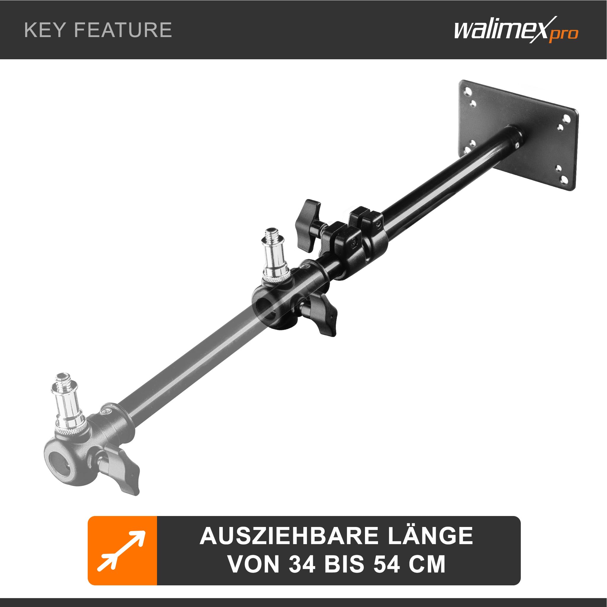 Walimex pro Deckenstativ 34-54 cm, Lichtstativ mit doppelseitigem 5/8" Spigot, Auslegerarm Halterung mit 1/4" u. 3/8" Gewinde, Lampenstativ belastbar bis 6 kg ideal für Videoleuchte, Softbox u. Kamera