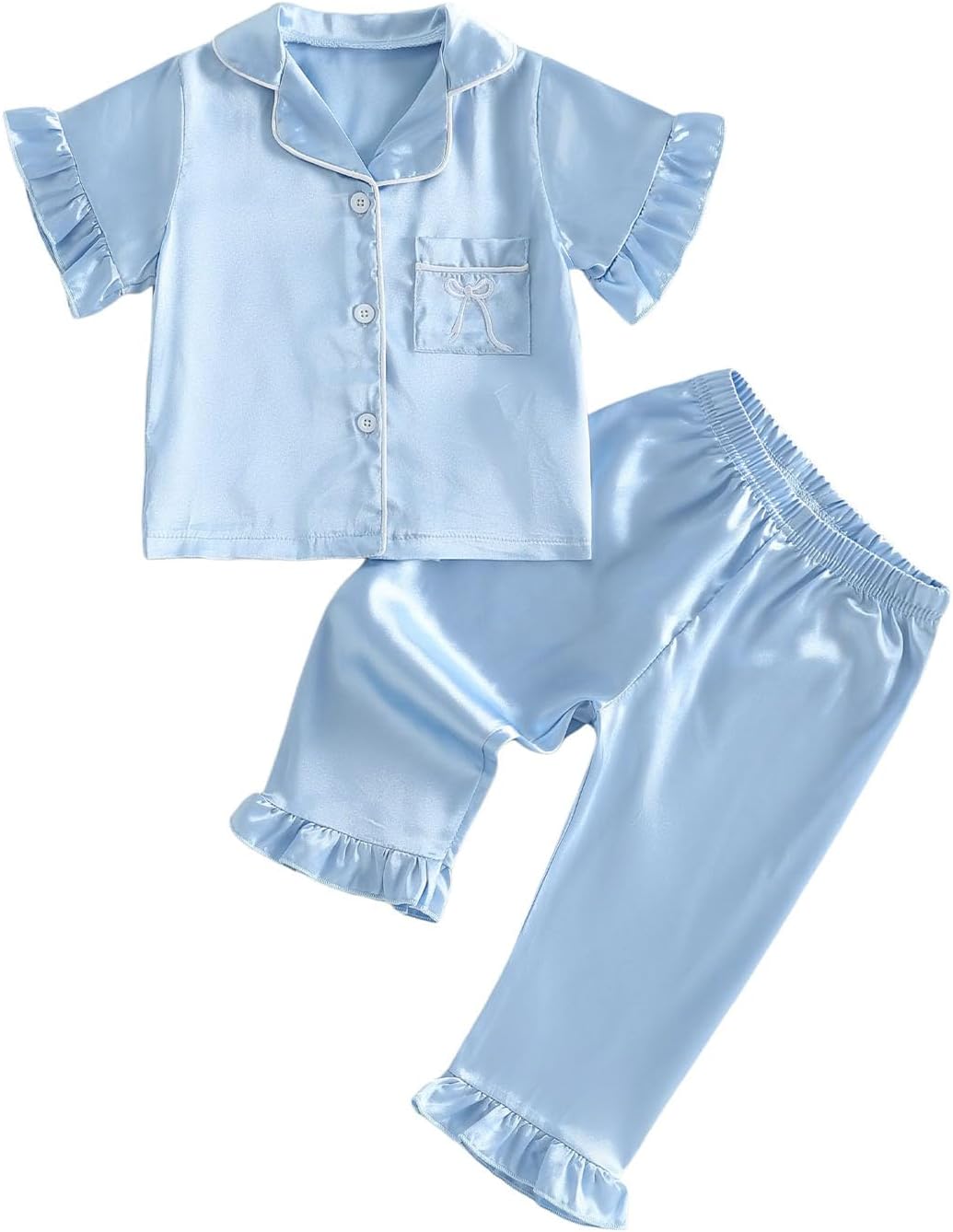 Kuriozud Toddler Girl Satin Pajamas Baby Ruffle Sleeve Button Down 2 Piece Pajama Set Little Girls Sleepwear Summer Pajamas