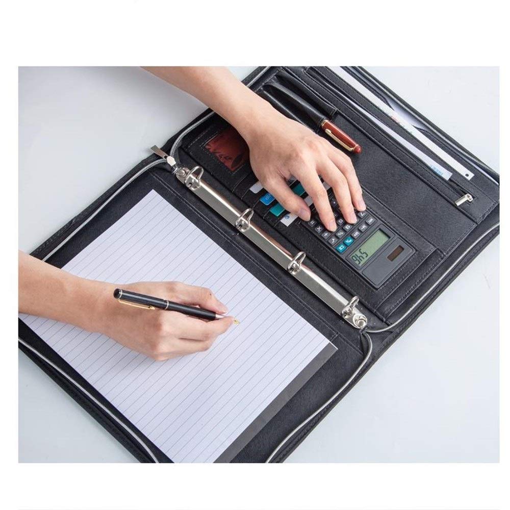 Carpeta de conferencias de cuero para negocios, bolsa A4 con cremallera, carpeta de conferencias con carpeta calculadora para escuela, negocios, viajes, negocios, bolsa de documentos (negro